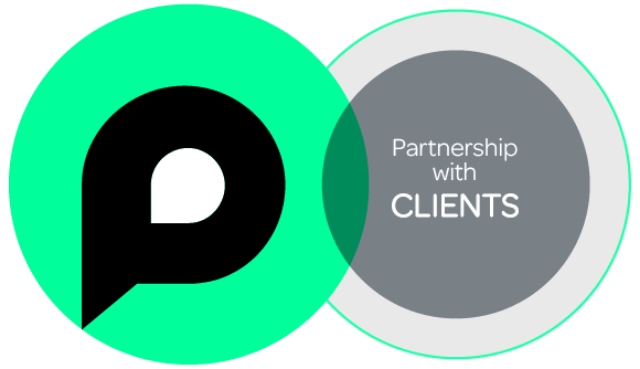 Proximity logo with 'partnership with clients' text